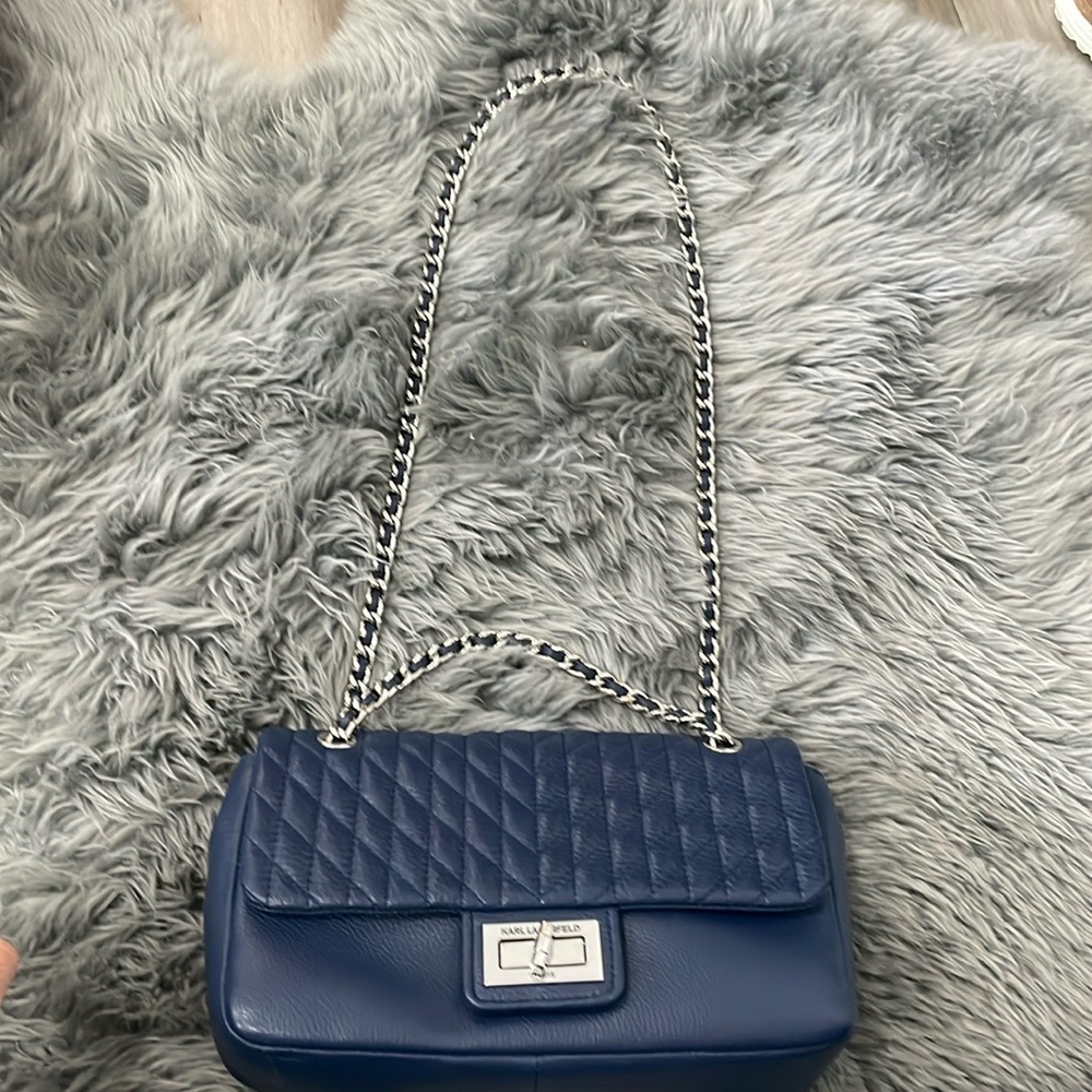 Karl Lagerfeld Quilted Navy Leather Chain Strap Crossbody